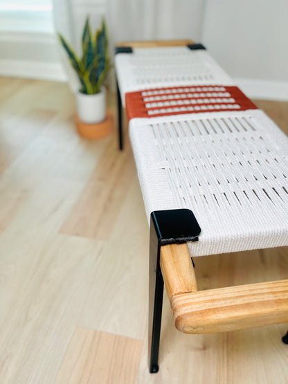 Mid Century Bench | Custom Size Woven Entryway Seating With Matte Black Legs