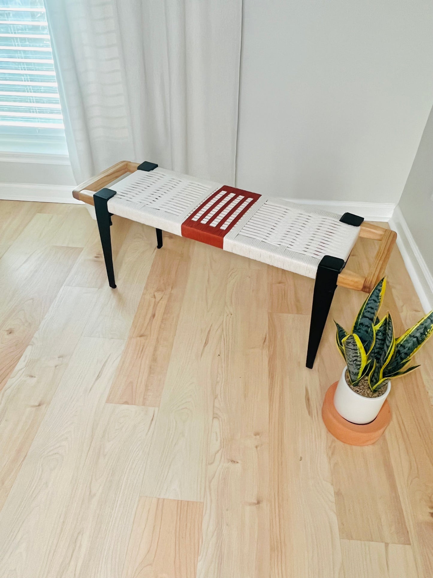 Mid Century Bench | Custom Size Woven Entryway Seating With Matte Black Legs