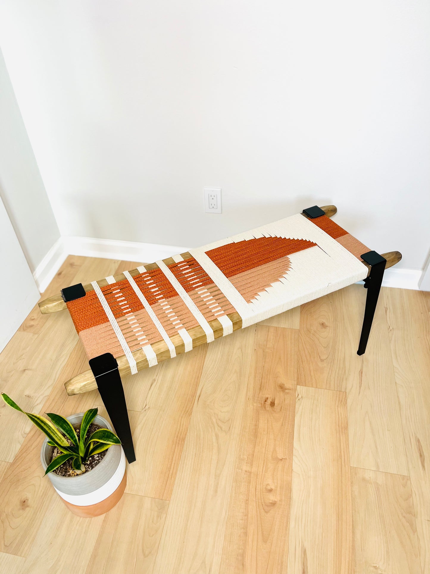 Mid Century Bench | Custom Size Woven Entryway Seating With Matte Black Legs