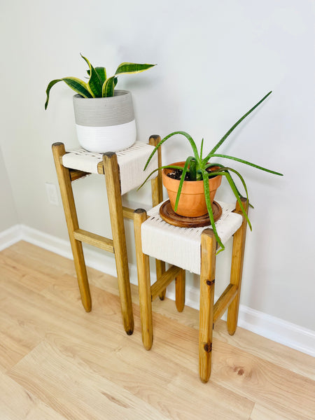 Mid-Century Modern Style Woven Indoor Plant Stands (tall set of 2)