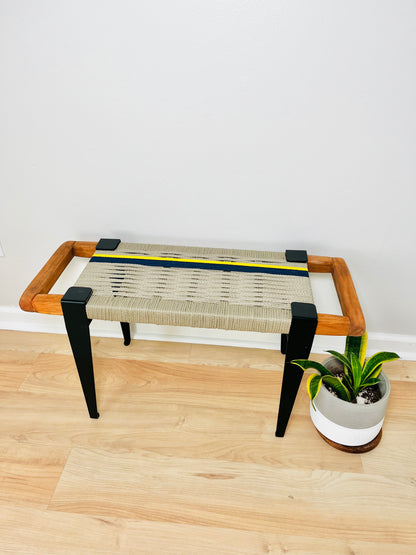 Mid Century Bench | Custom Size Woven Entryway Seating With Matte Black Legs