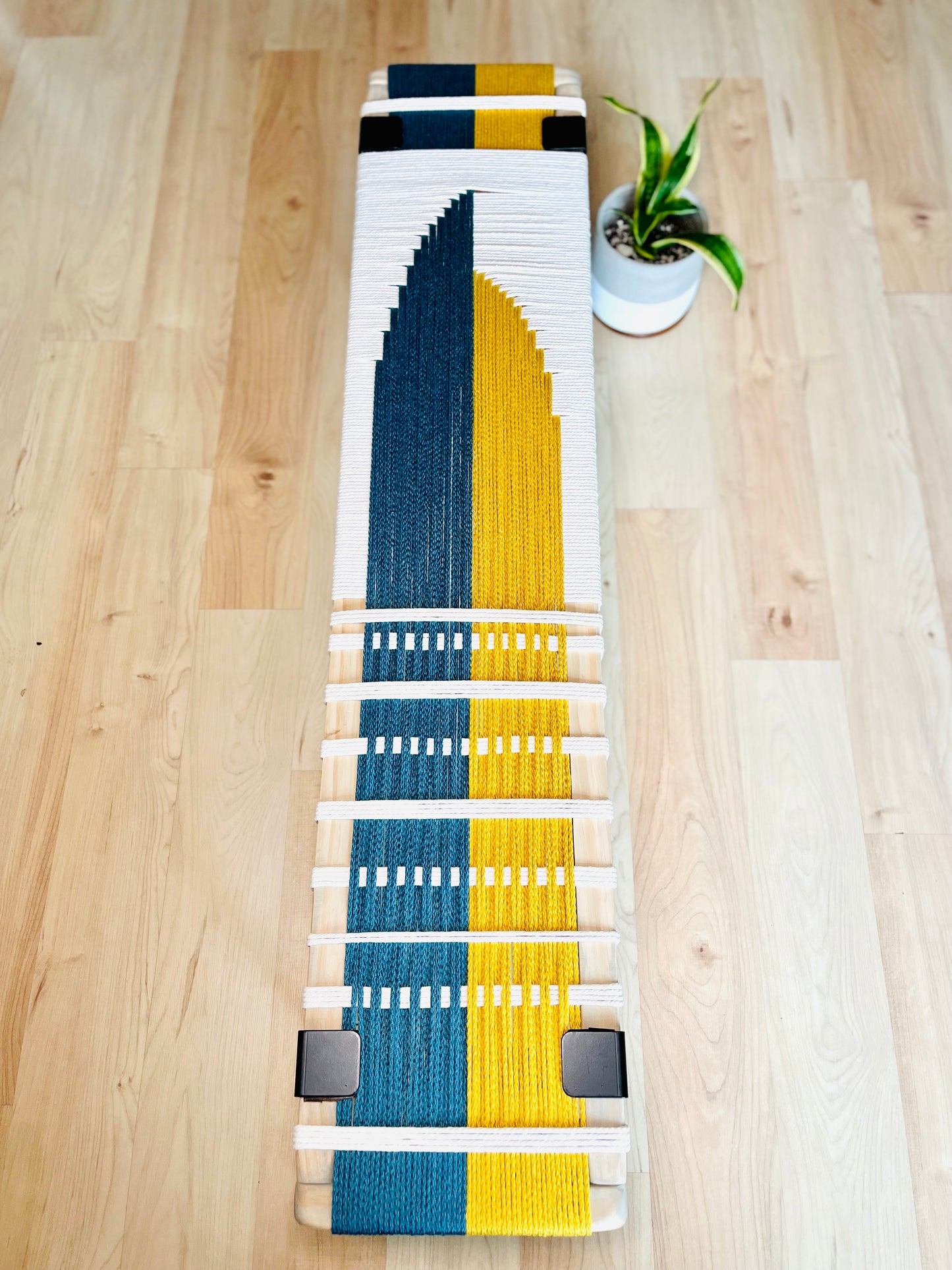 Mid Century Bench | Custom Size Woven Entryway Seating With Matte Black Legs