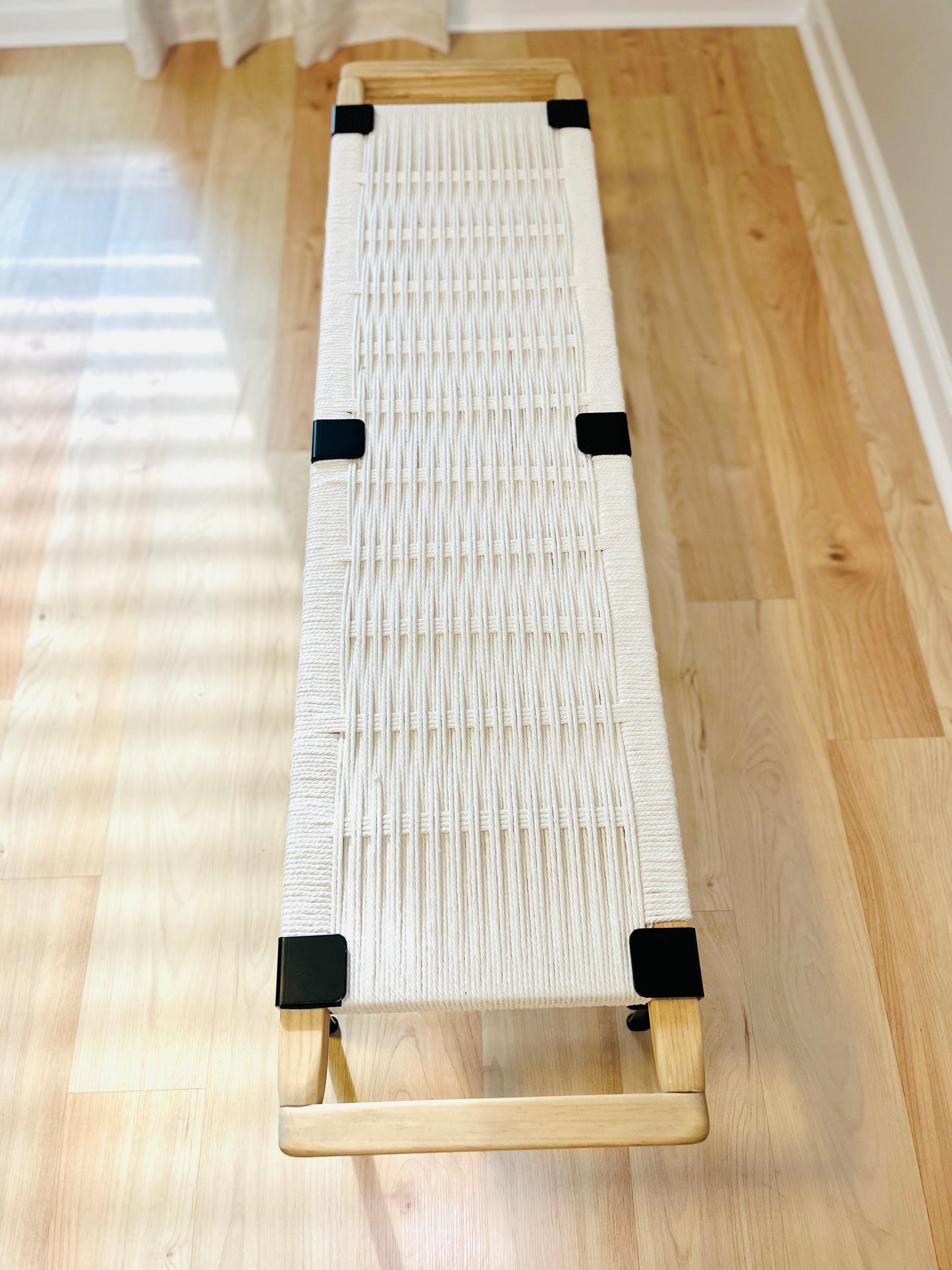 Mid Century Bench | Custom Size Woven Entryway Seating With Matte Black Legs