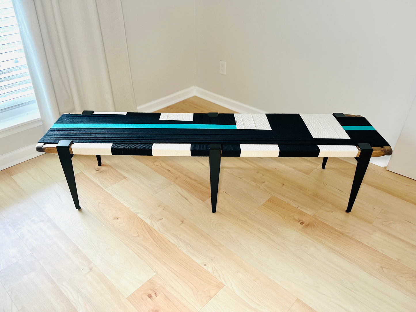 Mid Century Bench | Custom Size Woven Entryway Seating With Matte Black Legs