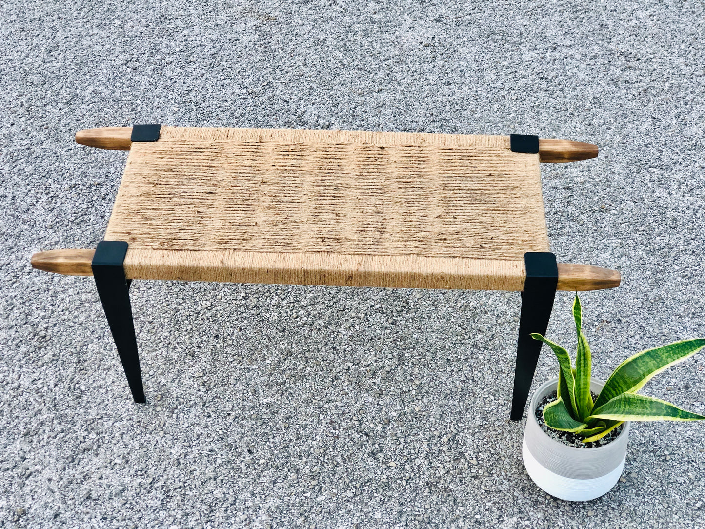 Mid Century Bench | Custom Size Woven Entryway Seating With Matte Black Legs