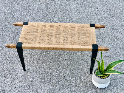 Mid Century Bench | Custom Size Woven Entryway Seating With Matte Black Legs
