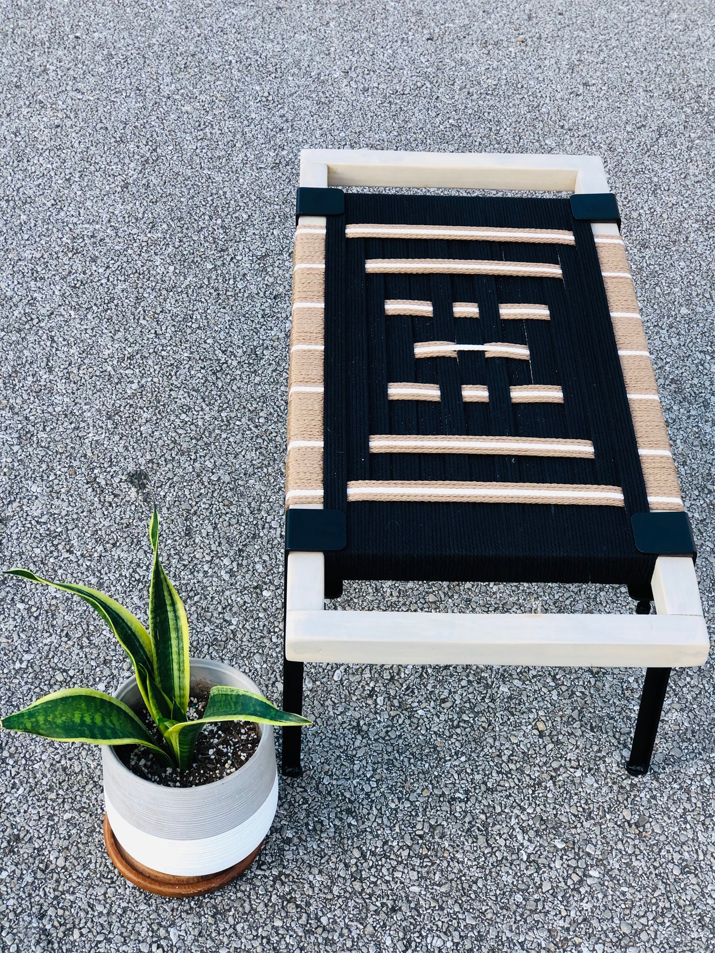 Mid Century Bench | Custom Size Woven Entryway Seating With Matte Black Legs