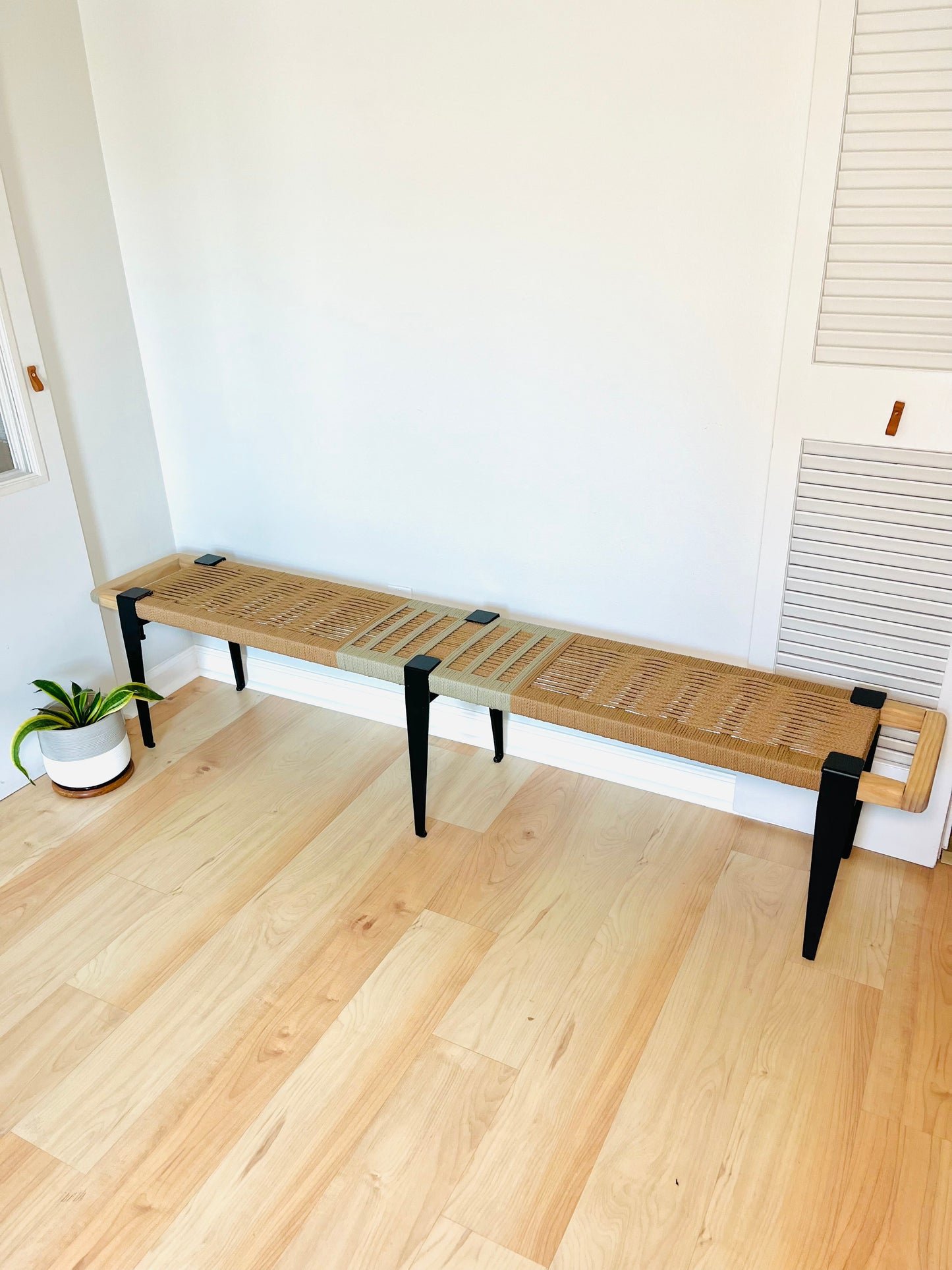 Mid Century Bench | Custom Size Woven Entryway Seating With Matte Black Legs