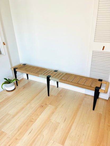 Mid Century Bench | Custom Size Woven Entryway Seating With Matte Black Legs