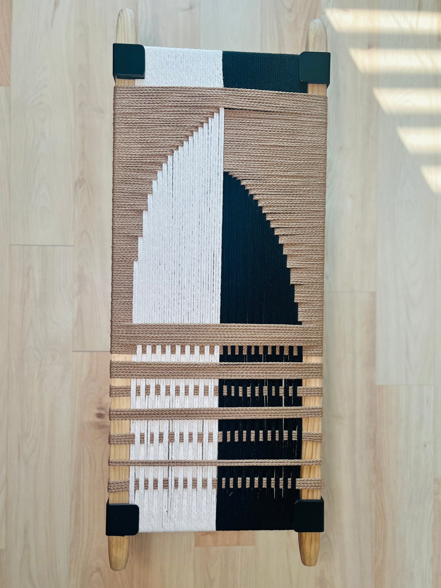 Mid Century Bench | Custom Size Woven Entryway Seating With Matte Black Legs