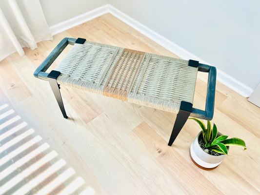 Mid Century Bench | Custom Size Woven Entryway Seating With Matte Black Legs
