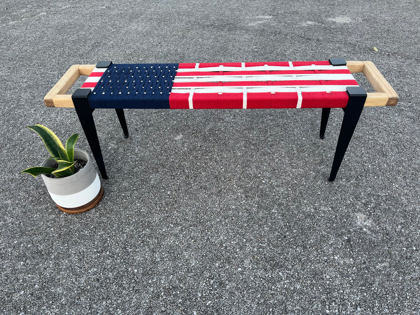 Mid Century Bench | Custom Size Woven Entryway Seating With Matte Black Legs