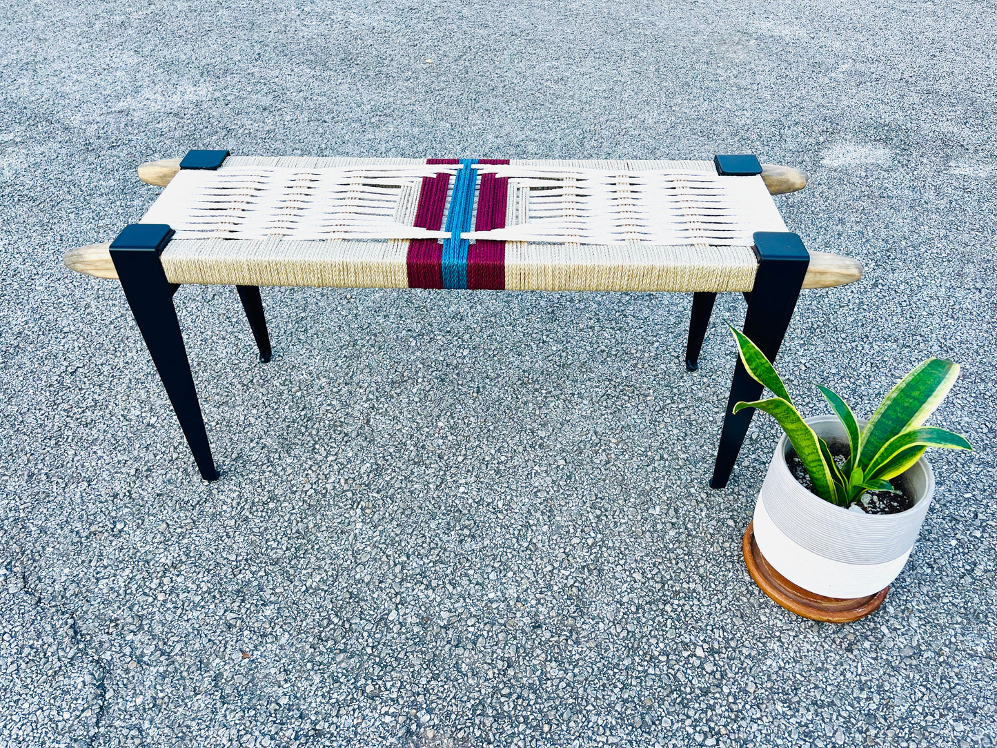 Mid Century Bench | Custom Size Woven Entryway Seating With Matte Black Legs