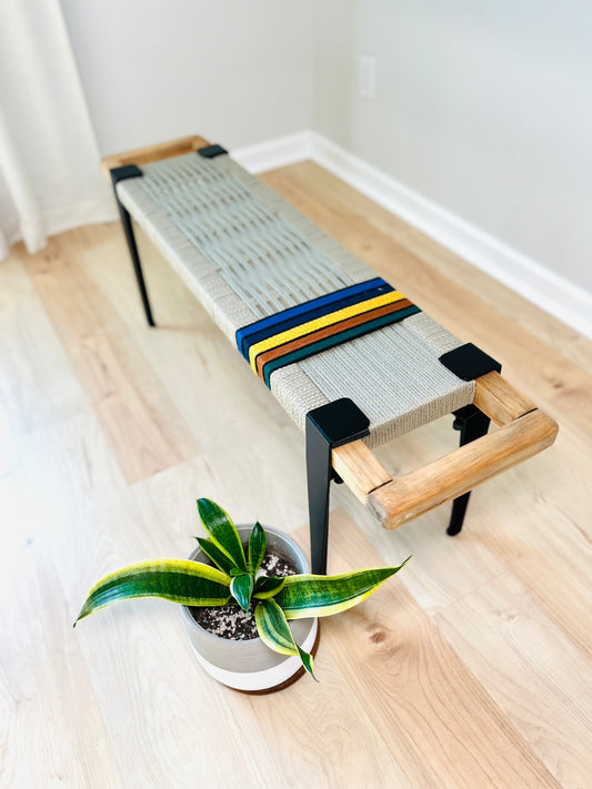 Mid Century Bench | Custom Size Woven Entryway Seating With Matte Black Legs