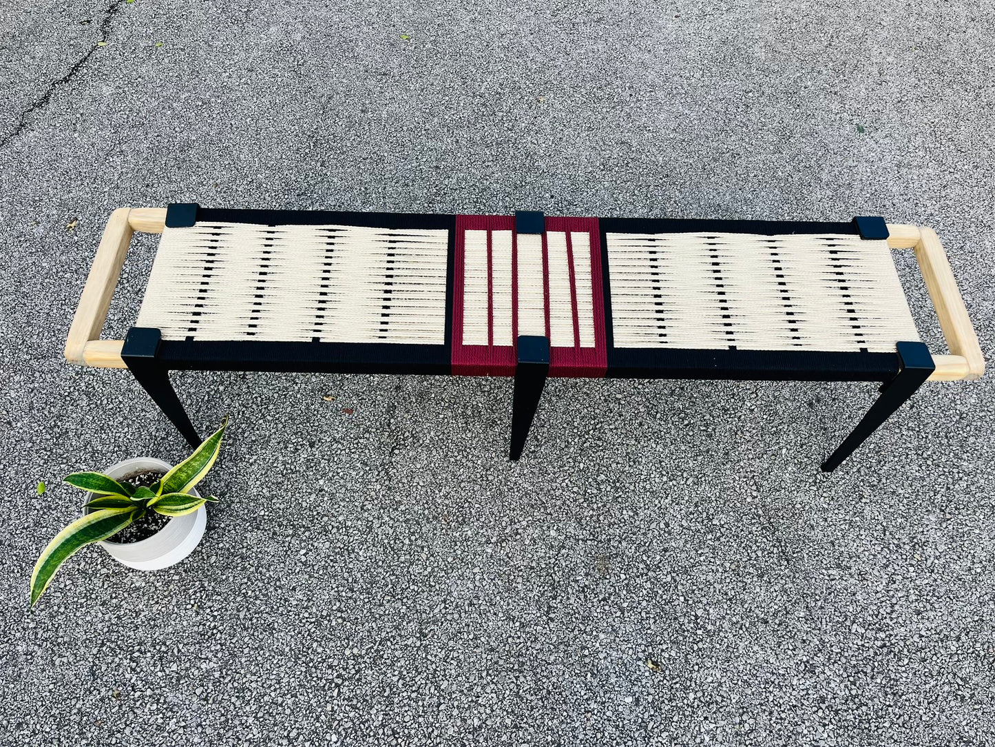 Mid Century Bench | Custom Size Woven Entryway Seating With Matte Black Legs
