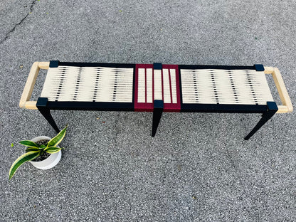 Mid Century Bench | Custom Size Woven Entryway Seating With Matte Black Legs