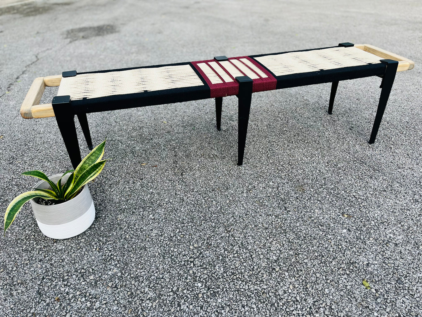 Mid Century Bench | Custom Size Woven Entryway Seating With Matte Black Legs