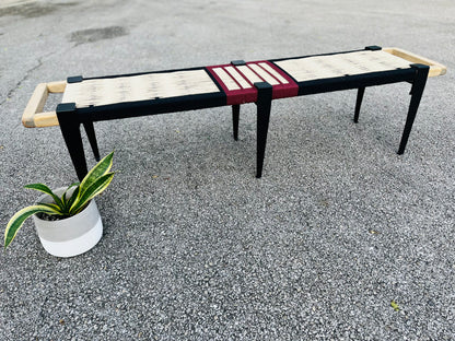 Mid Century Bench | Custom Size Woven Entryway Seating With Matte Black Legs