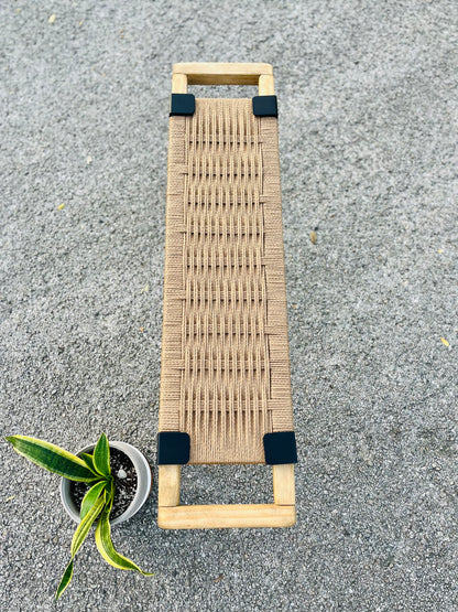 Mid Century Bench | Custom Size Woven Entryway Seating With Matte Black Legs