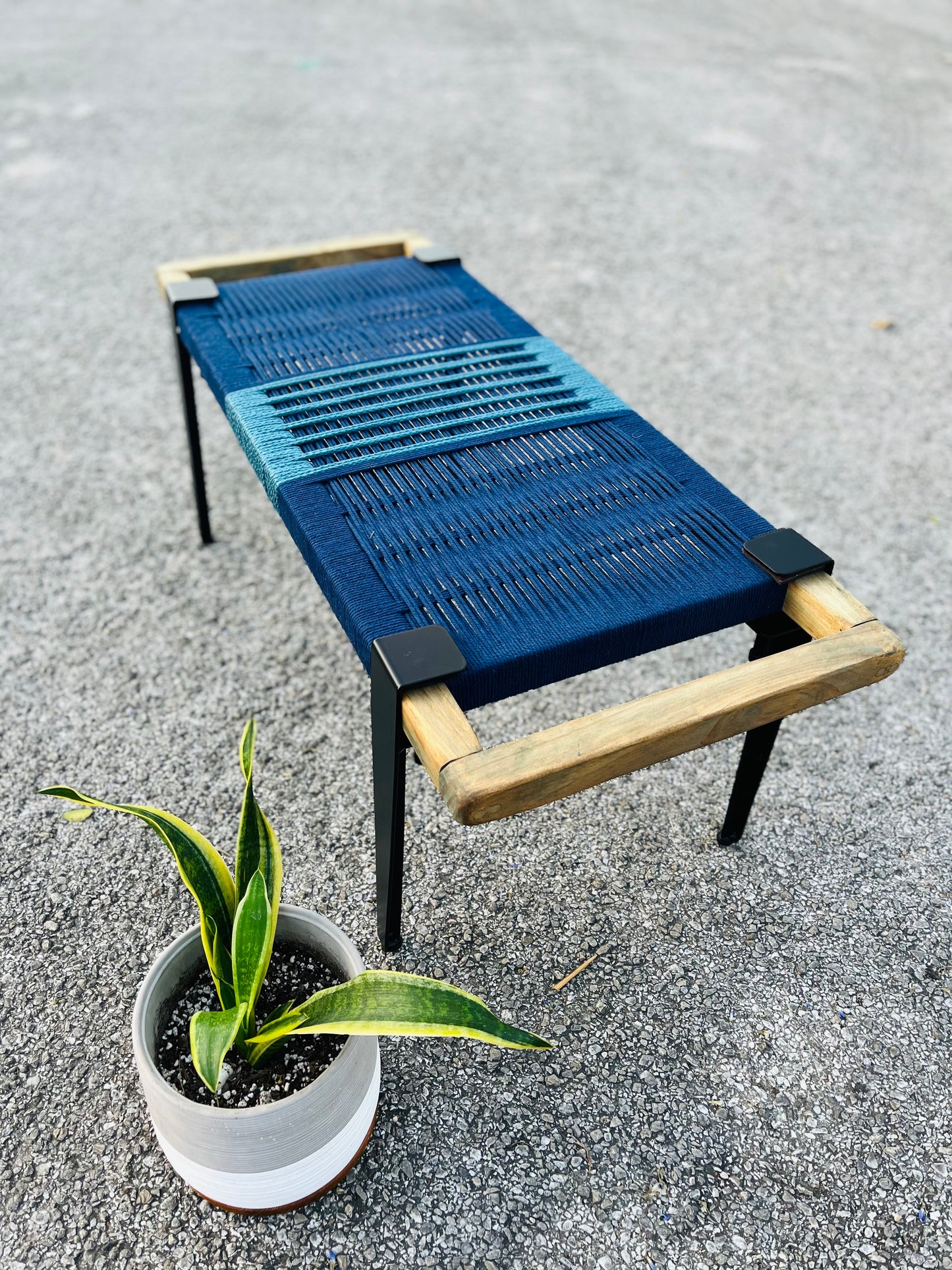 Mid Century Bench | Custom Size Woven Entryway Seating With Matte Black Legs