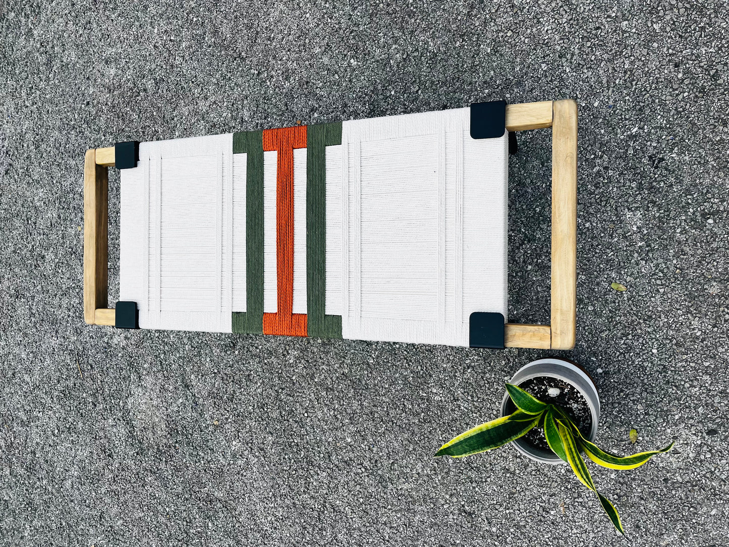 Mid Century Bench | Custom Size Woven Entryway Seating With Matte Black Legs