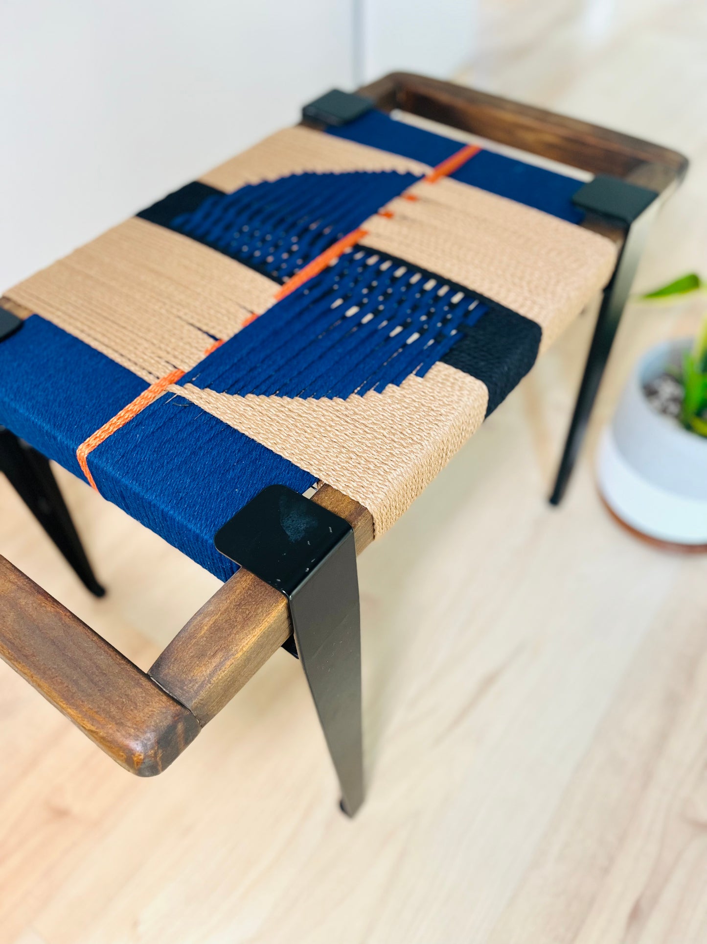Mid Century Bench | Custom Size Woven Entryway Seating With Matte Black Legs