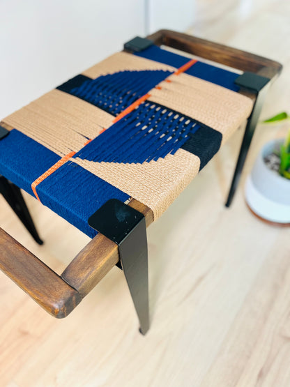 Mid Century Bench | Custom Size Woven Entryway Seating With Matte Black Legs