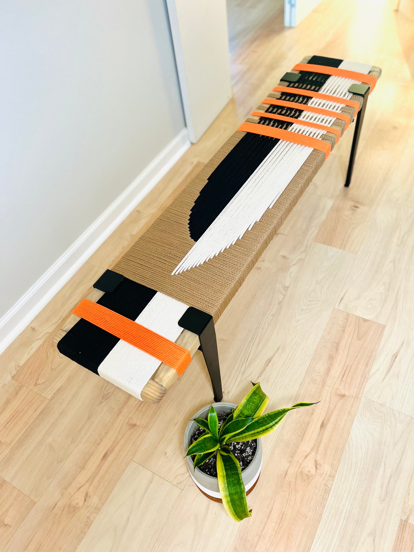 Mid Century Bench | Custom Size Woven Entryway Seating With Matte Black Legs