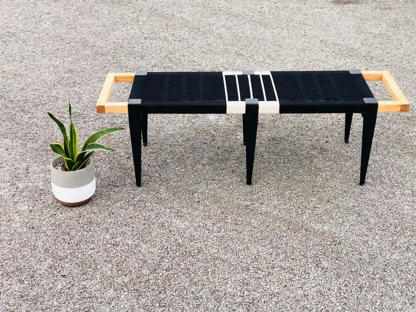 Mid Century Bench | Custom Size Woven Entryway Seating With Matte Black Legs