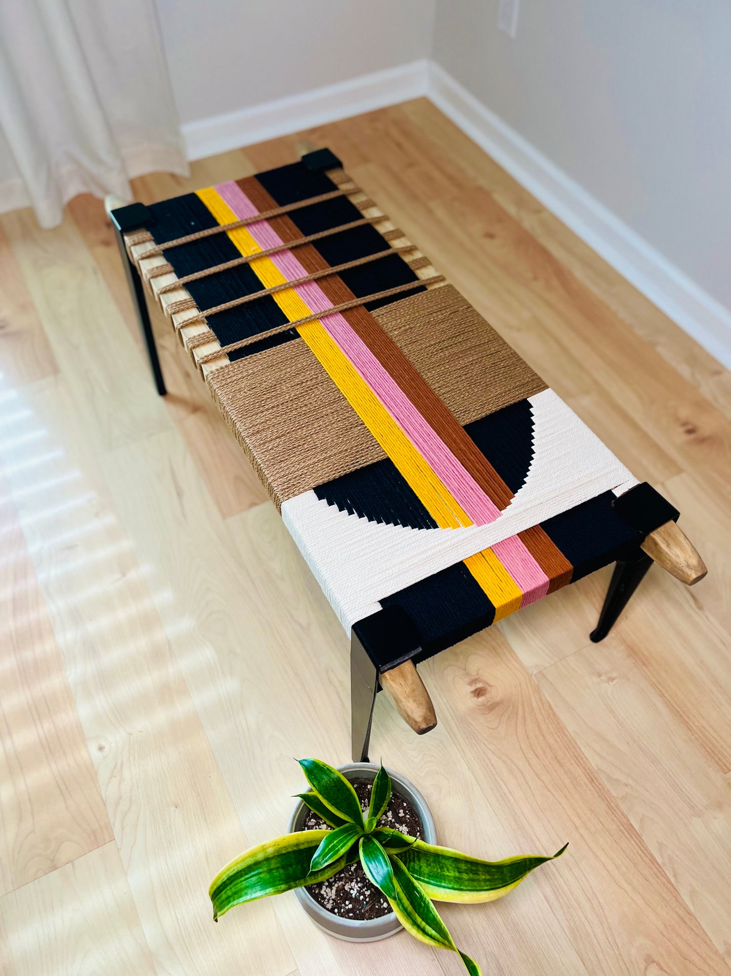 Mid Century Bench | Custom Size Woven Entryway Seating With Matte Black Legs