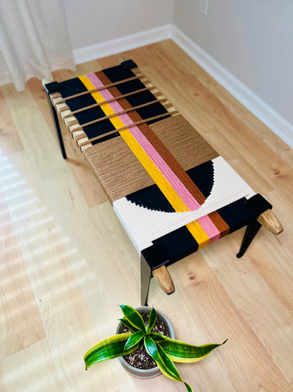 Mid Century Bench | Custom Size Woven Entryway Seating With Matte Black Legs