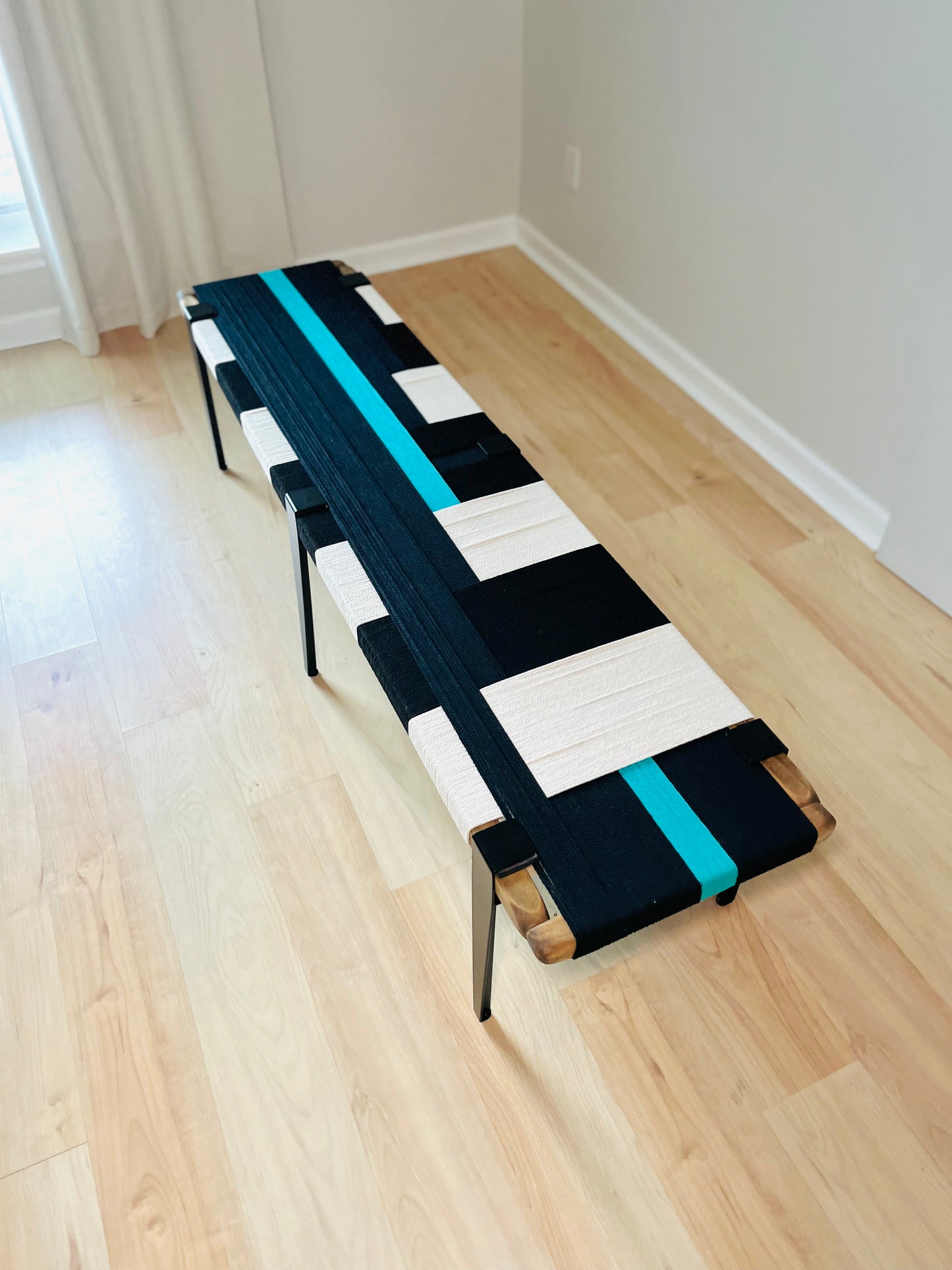 Mid Century Bench | Custom Size Woven Entryway Seating With Matte Black Legs