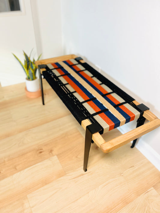 Mid Century Bench | Custom Size Woven Entryway Seating With Matte Black Legs
