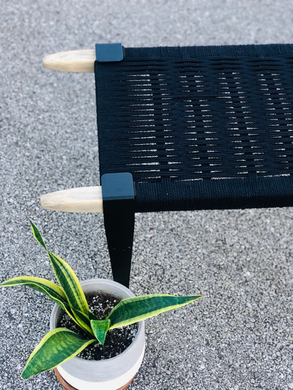 Mid Century Bench | Custom Size Woven Entryway Seating With Matte Black Legs