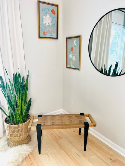 Mid Century Bench | Custom Size Woven Entryway Seating With Matte Black Legs