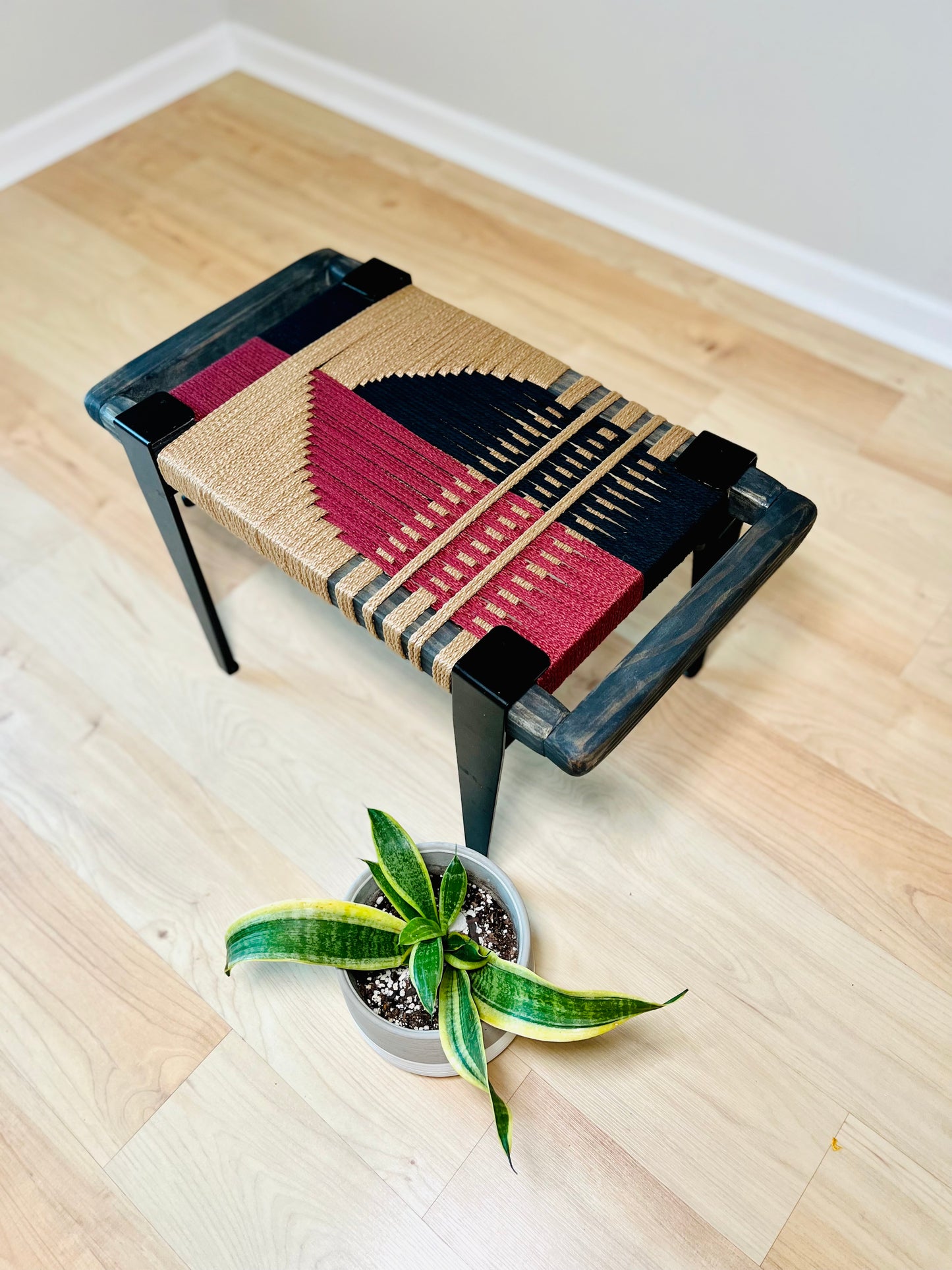 Mid Century Bench | Custom Size Woven Entryway Seating With Matte Black Legs