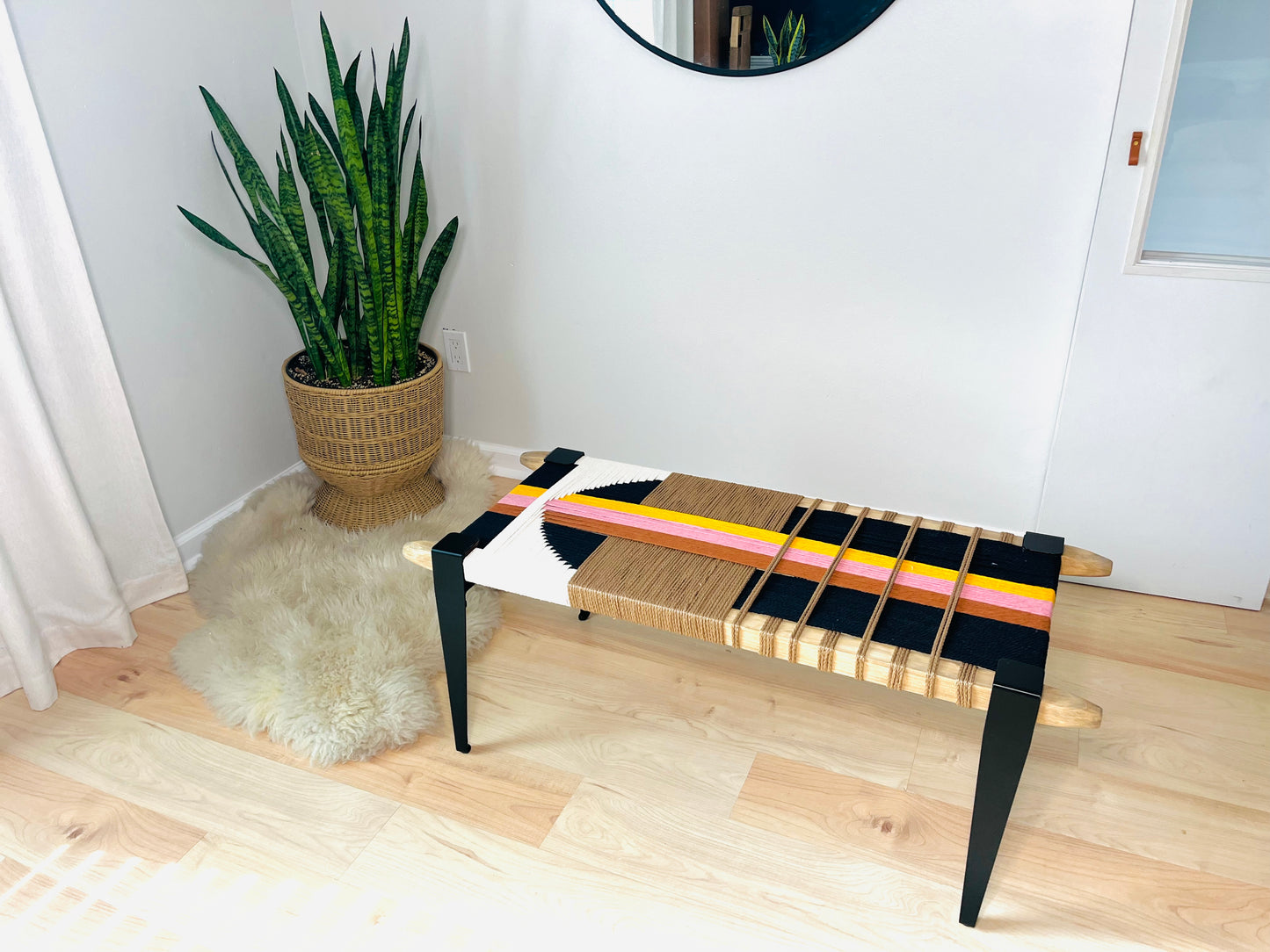 Mid Century Bench | Custom Size Woven Entryway Seating With Matte Black Legs