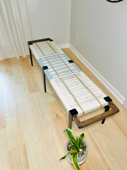 Mid Century Bench | Custom Size Woven Entryway Seating With Matte Black Legs