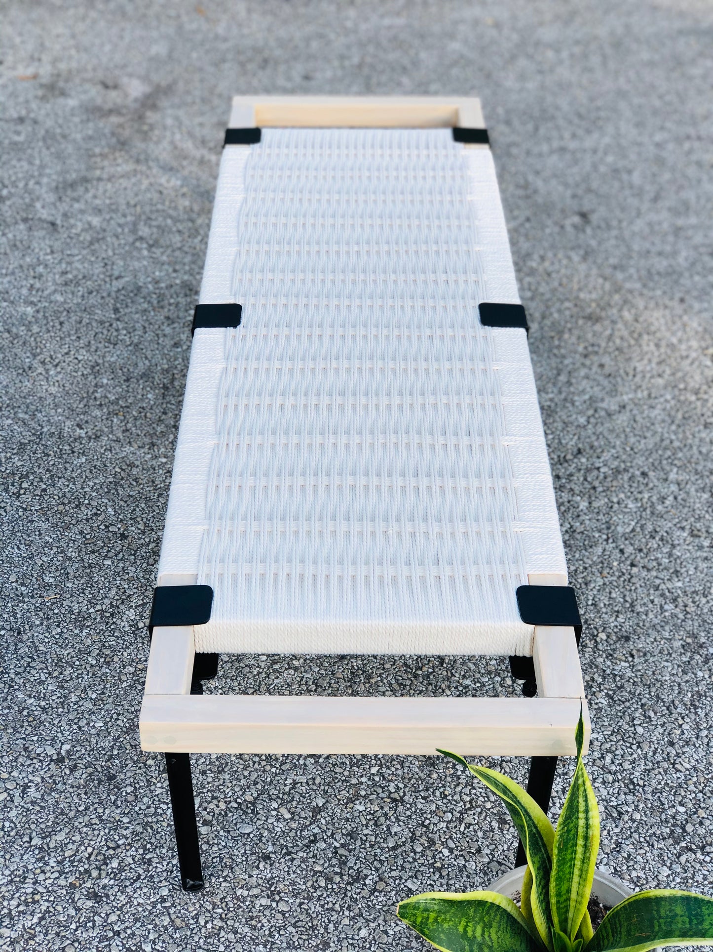 Mid Century Bench | Custom Size Woven Entryway Seating With Matte Black Legs
