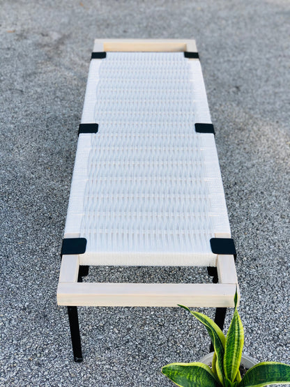 Mid Century Bench | Custom Size Woven Entryway Seating With Matte Black Legs