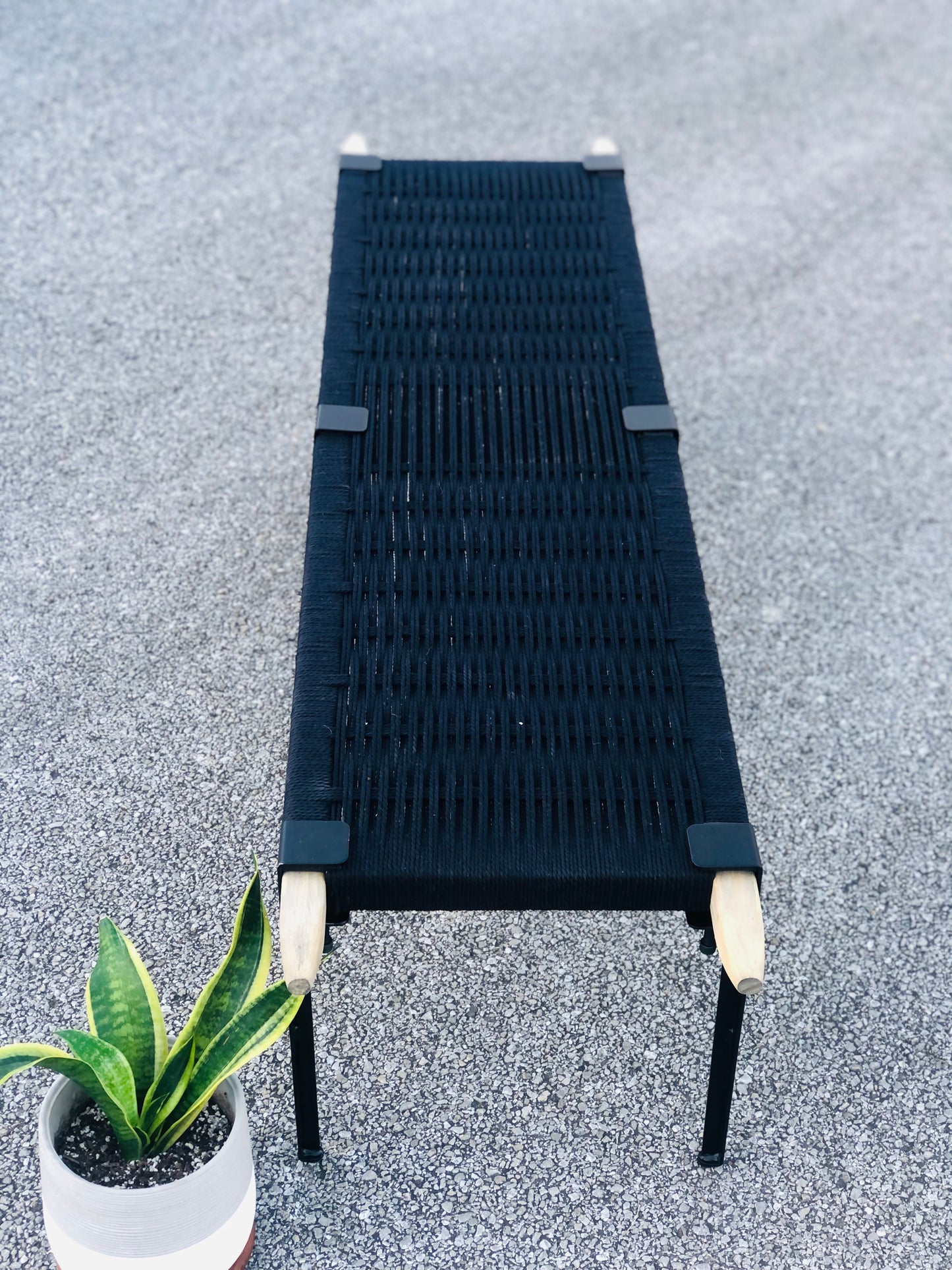 Mid Century Bench | Custom Size Woven Entryway Seating With Matte Black Legs