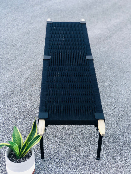 Mid Century Bench | Custom Size Woven Entryway Seating With Matte Black Legs