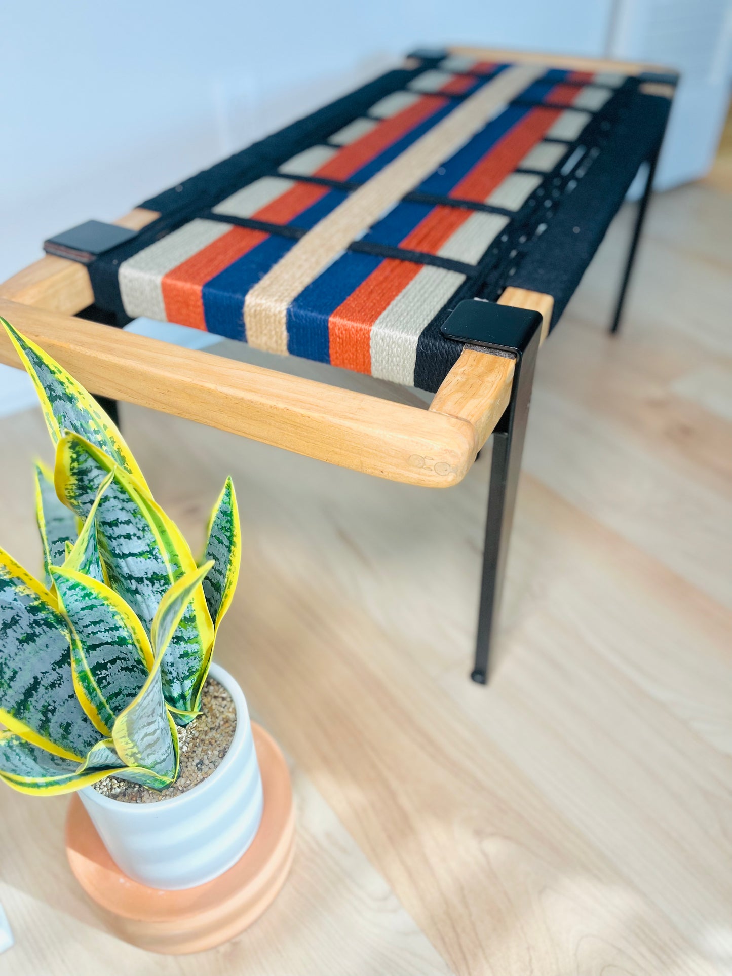 Mid Century Bench | Custom Size Woven Entryway Seating With Matte Black Legs