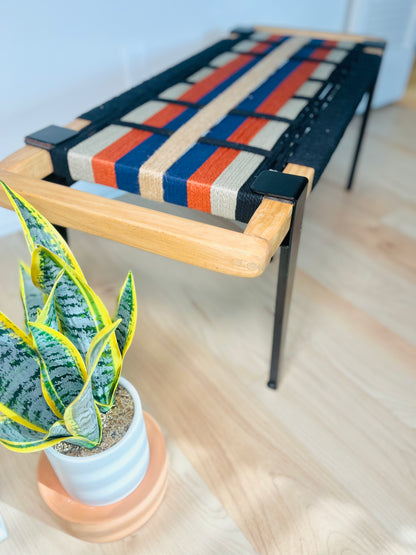 Mid Century Bench | Custom Size Woven Entryway Seating With Matte Black Legs