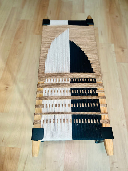 Mid Century Bench | Custom Size Woven Entryway Seating With Matte Black Legs