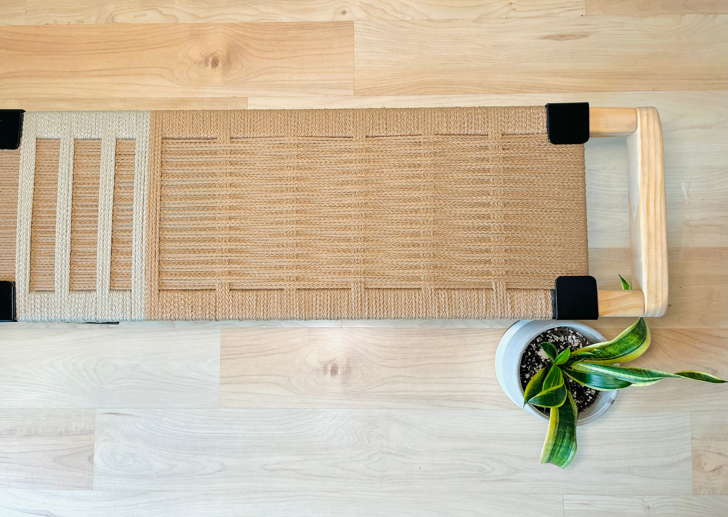 Mid Century Bench | Custom Size Woven Entryway Seating With Matte Black Legs