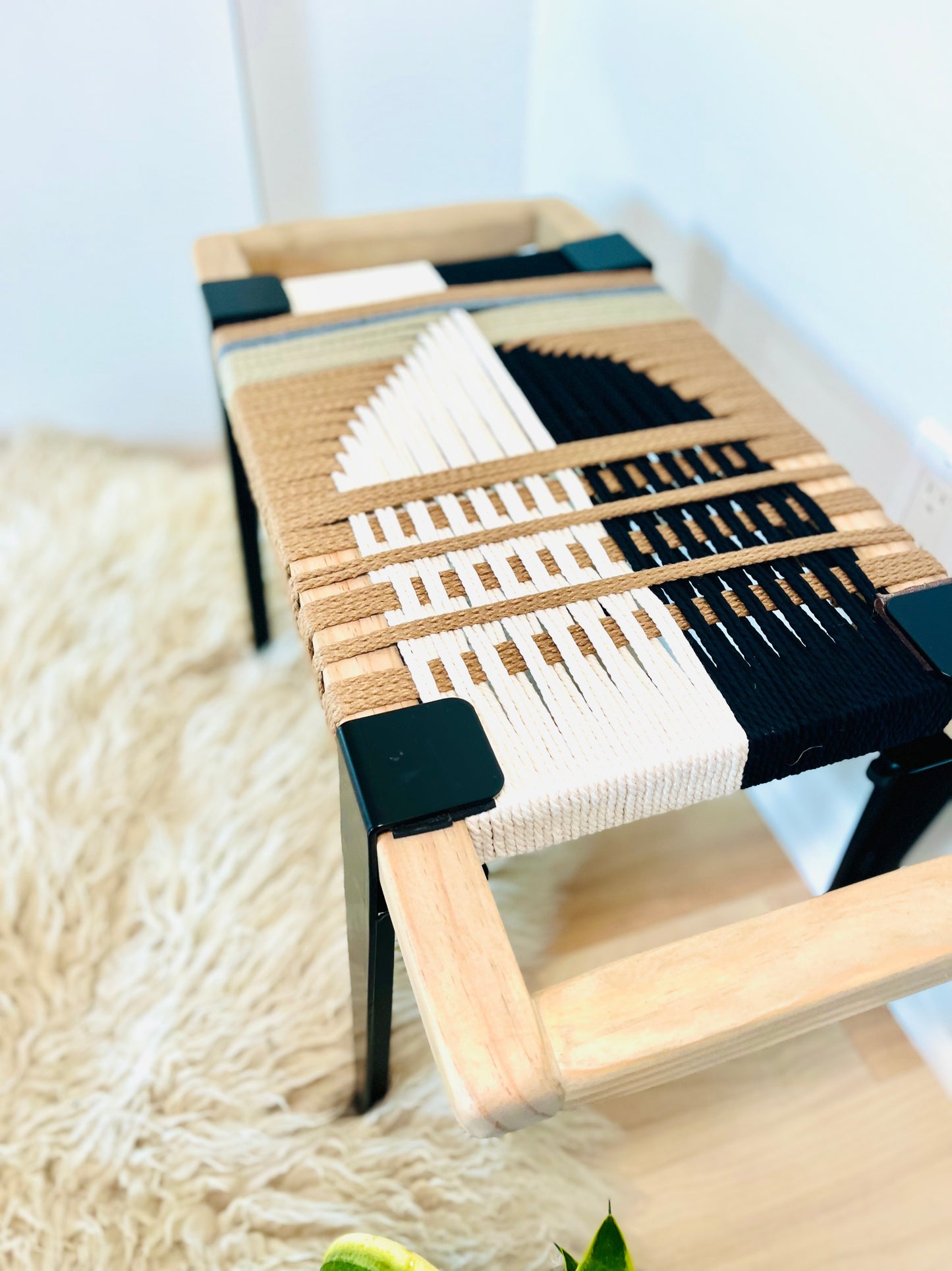 Mid Century Bench | Custom Size Woven Entryway Seating With Matte Black Legs