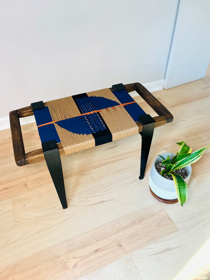 Mid Century Bench | Custom Size Woven Entryway Seating With Matte Black Legs