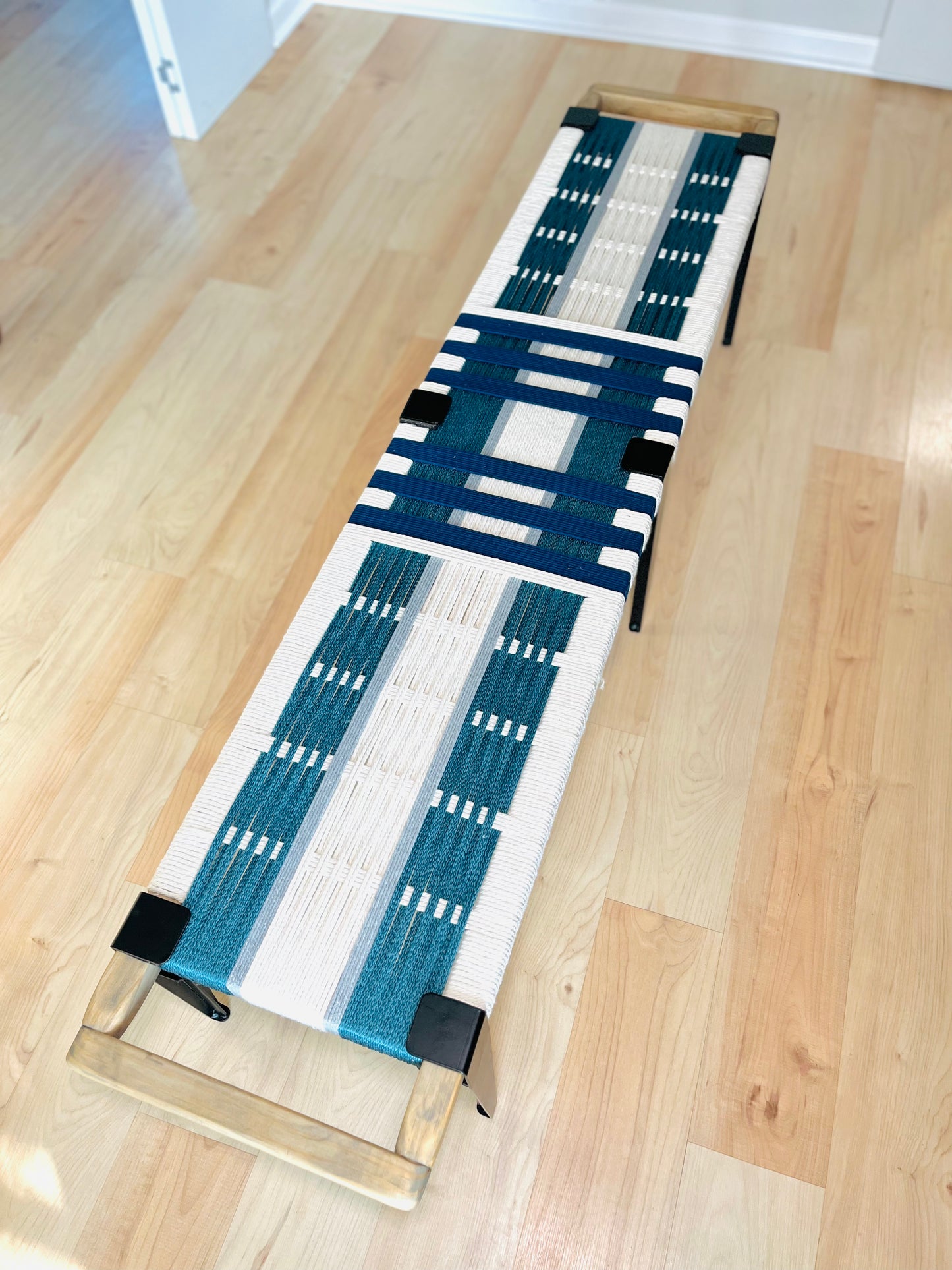 Mid Century Bench | Custom Size Woven Entryway Seating With Matte Black Legs