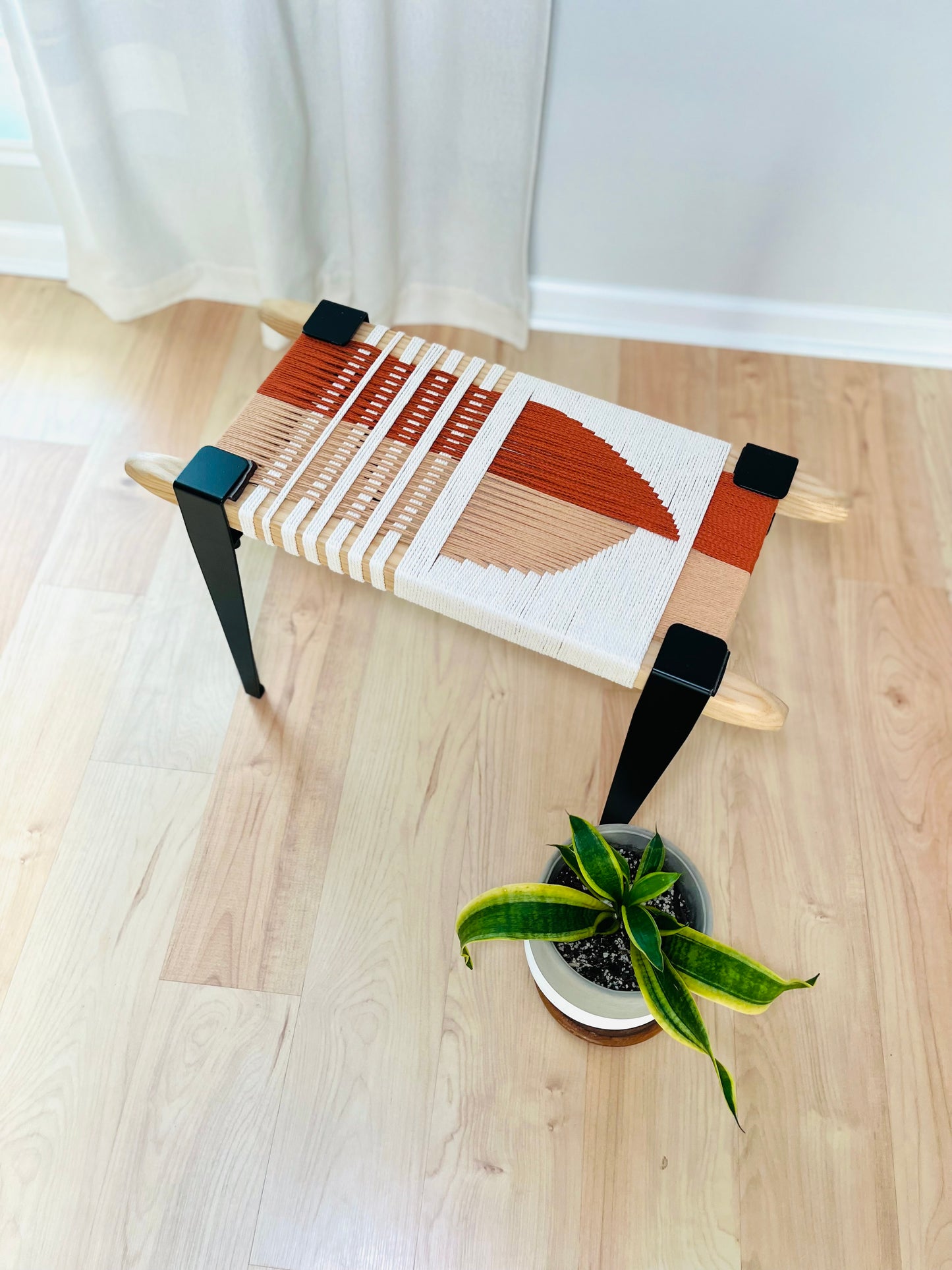 Mid Century Bench | Custom Size Woven Entryway Seating With Matte Black Legs